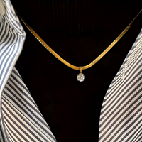 Gold Stainless Steel Round Zircon Pendant Necklace Elegant Blade ChainChoker 734