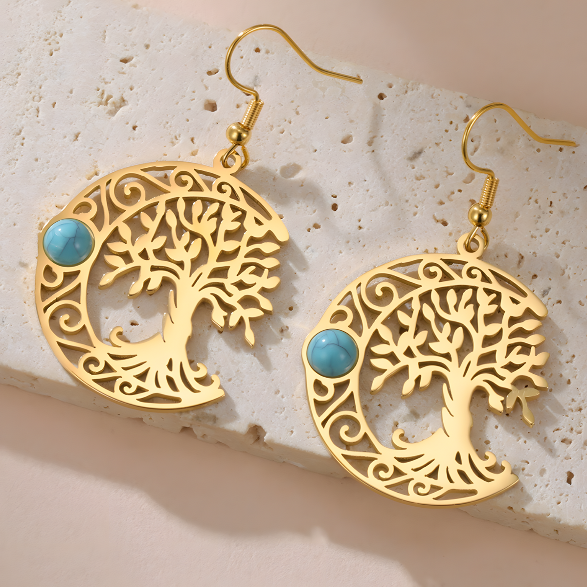 Filigree Tree of Life Dangle Earrings for Women, Crescent Moon Earrings B172