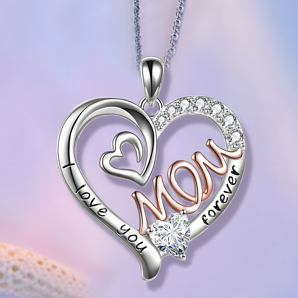 Mom Heart Pendant Necklace Women – Copper Alloy with Silver-Tone & RoseGold 1151