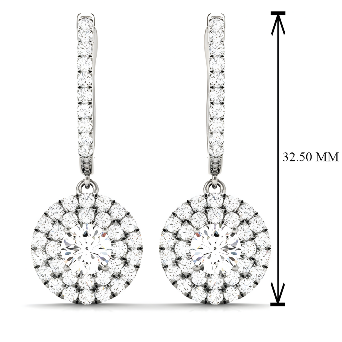 Rhodium-Plated Hoop Drop Earrings For Women With Round Cubic Zirconia Pave 1438