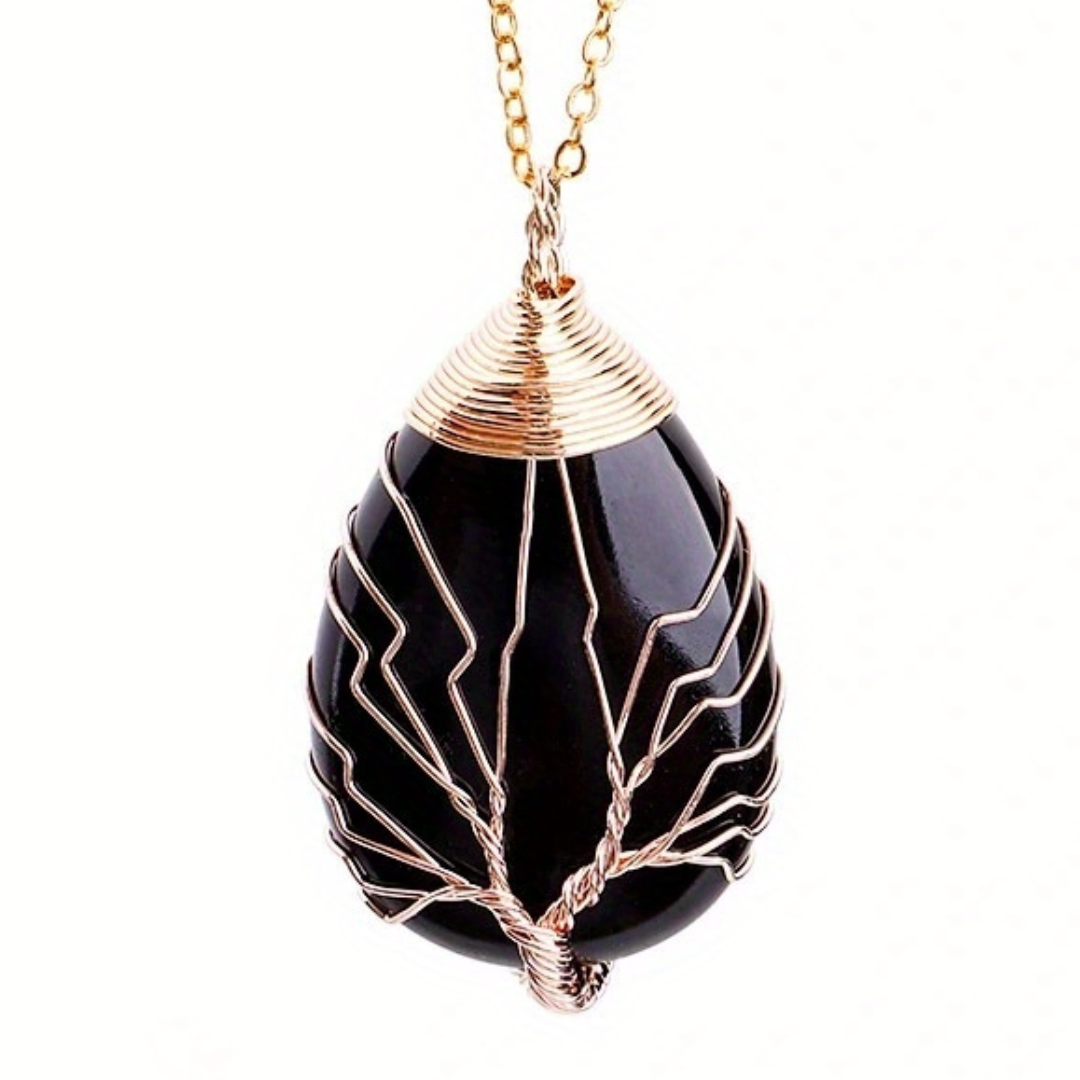 Gold Black Agate Tree Of Life Pendant Necklace For Women Oval Gemstone 1344