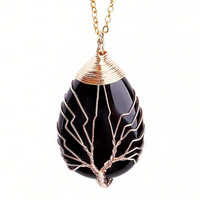 Gold Black Agate Tree Of Life Pendant Necklace For Women Oval Gemstone 1344
