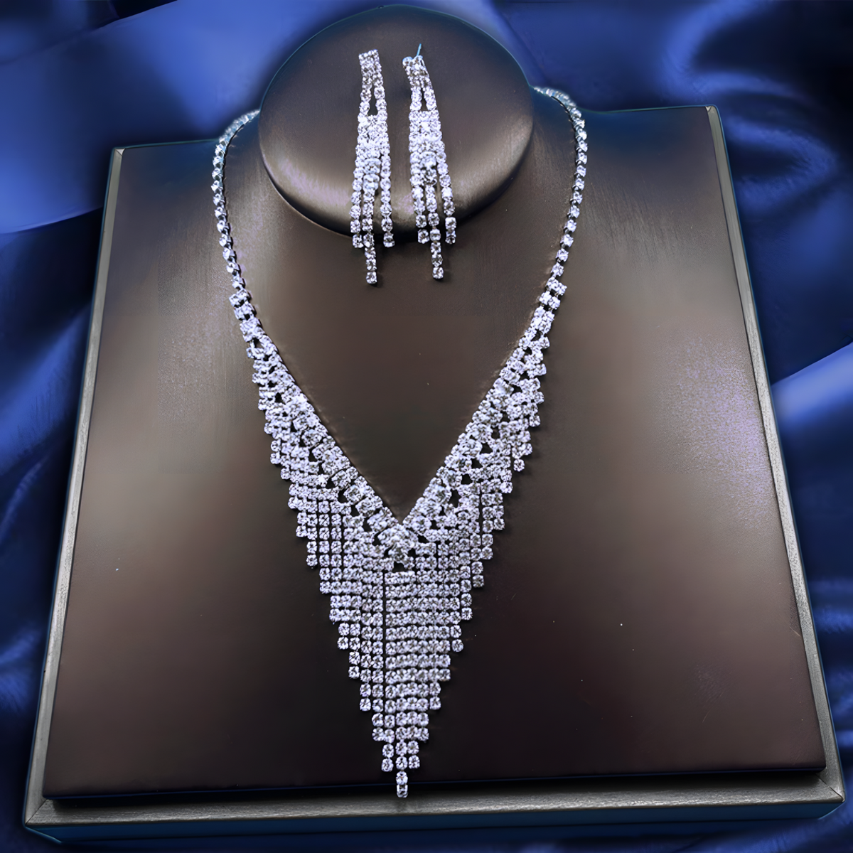 Bridal Crystal Rhinestone V-Shape Necklace & Dangle Earrings Jewelry Set 435