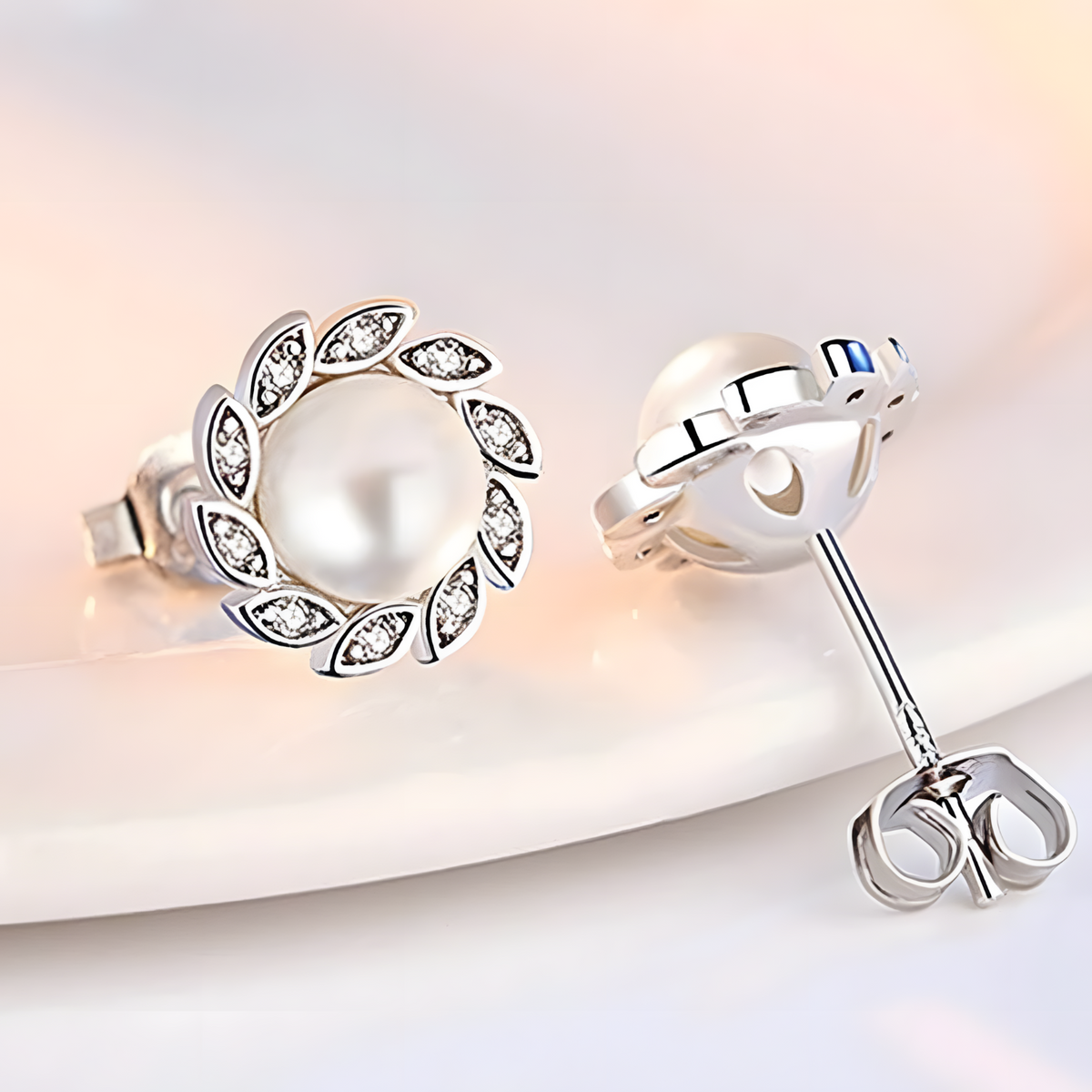Sterling Silver Pearl Stud Earrings Women - 925 Silver Leaf-Inspired Crystal 310