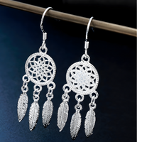 Sterling Silver Dream Catcher Earrings & Necklace Set - Boho Feather Dangle B37