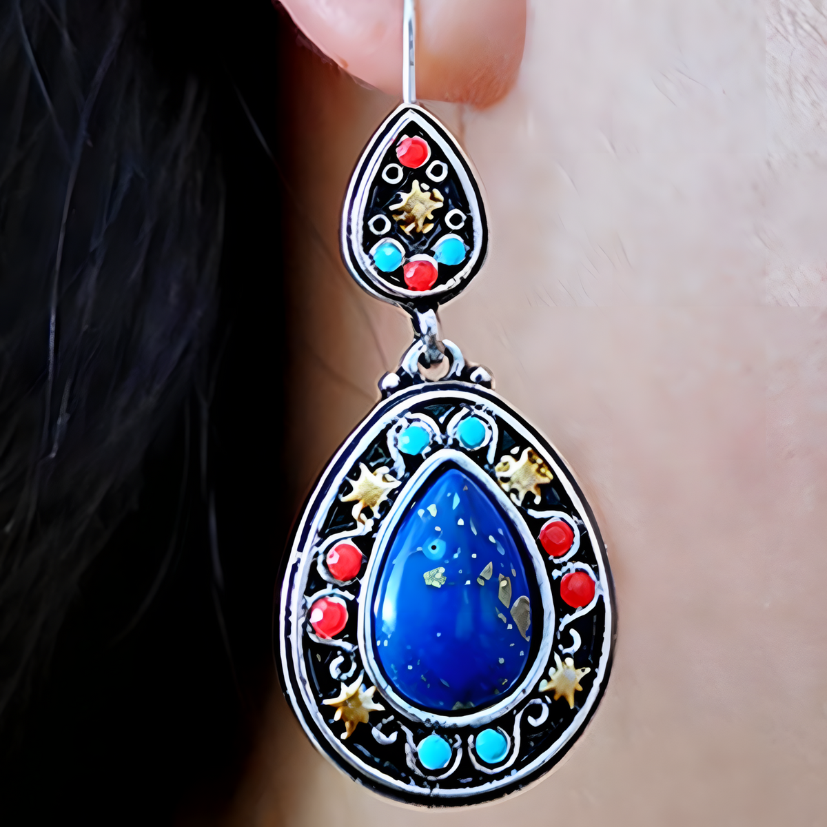 Vintage Water Drop Dangle Earrings Women Copper Alloy 925 Silver Plating - 1222