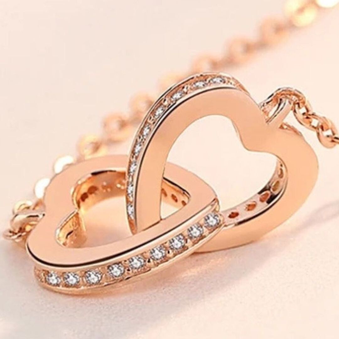 925 Sterling Silver Double Heart Necklace – Elegant Rose Gold Pendant AAA 253