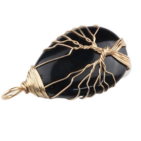 Gold Black Agate Tree Of Life Pendant Necklace For Women Oval Gemstone 1344