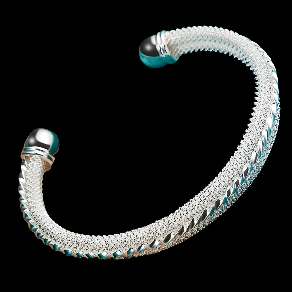 Sterling Silver Mesh Cuff Bracelet, Woven, Turquoise Accents, Adjustable 401