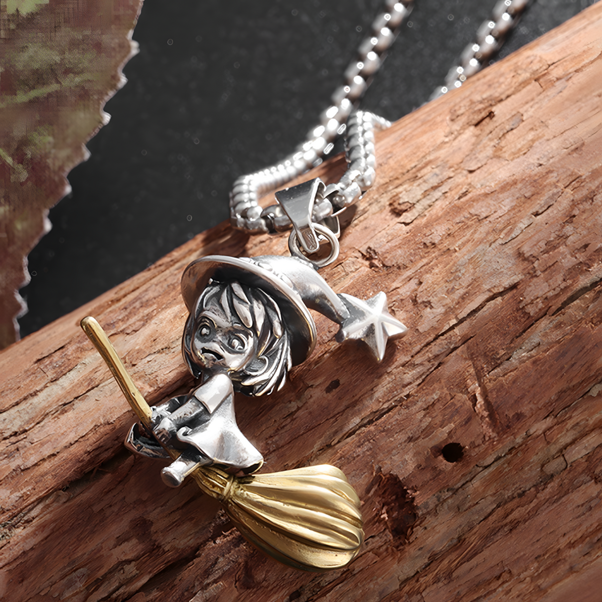 Witch Broom Pendant Necklace Unisex Zinc Alloy Magic Girl Charm, Vintage 1233