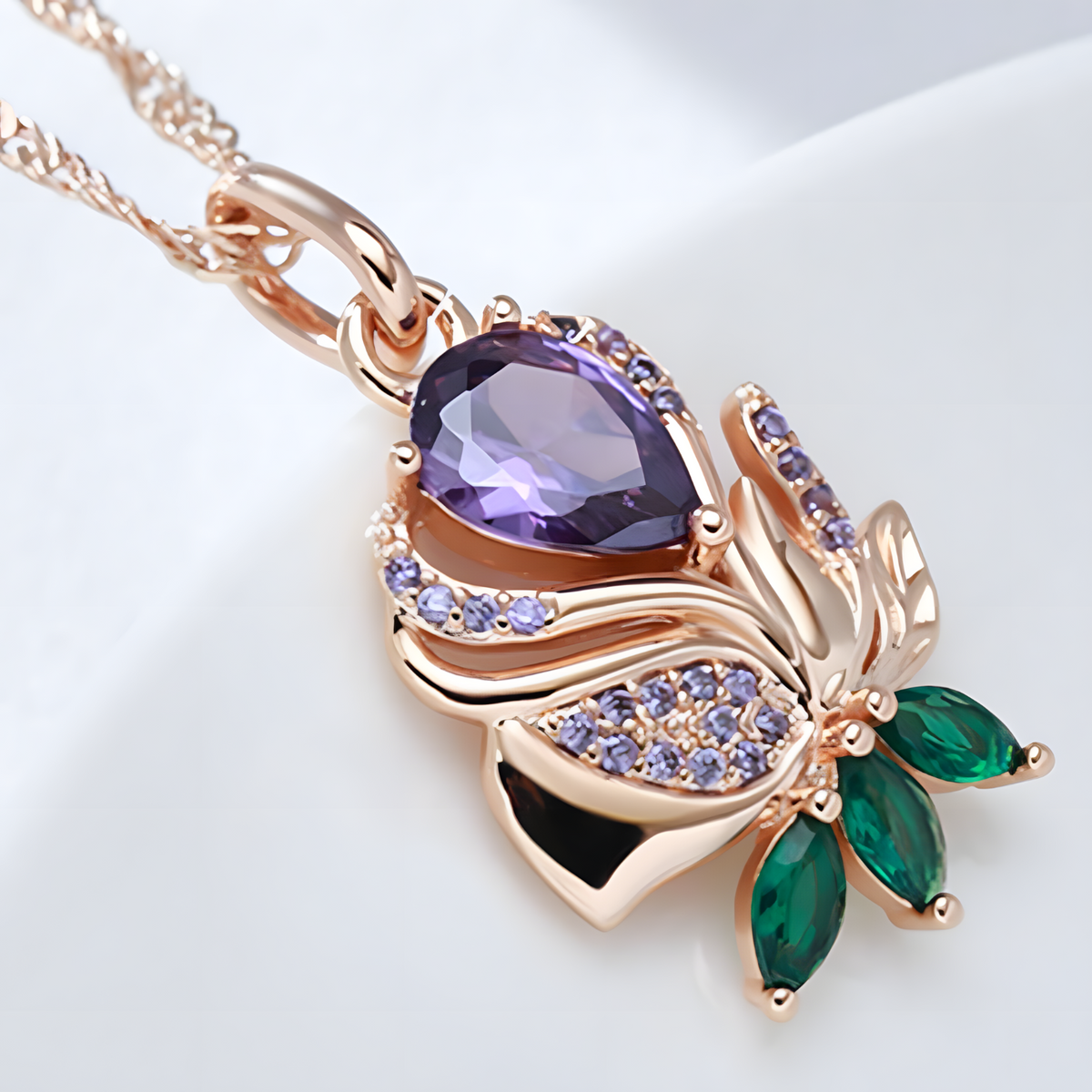 Rose Gold Plated Copper Pendant Necklace for Women with Purple Zircon Heart 1259