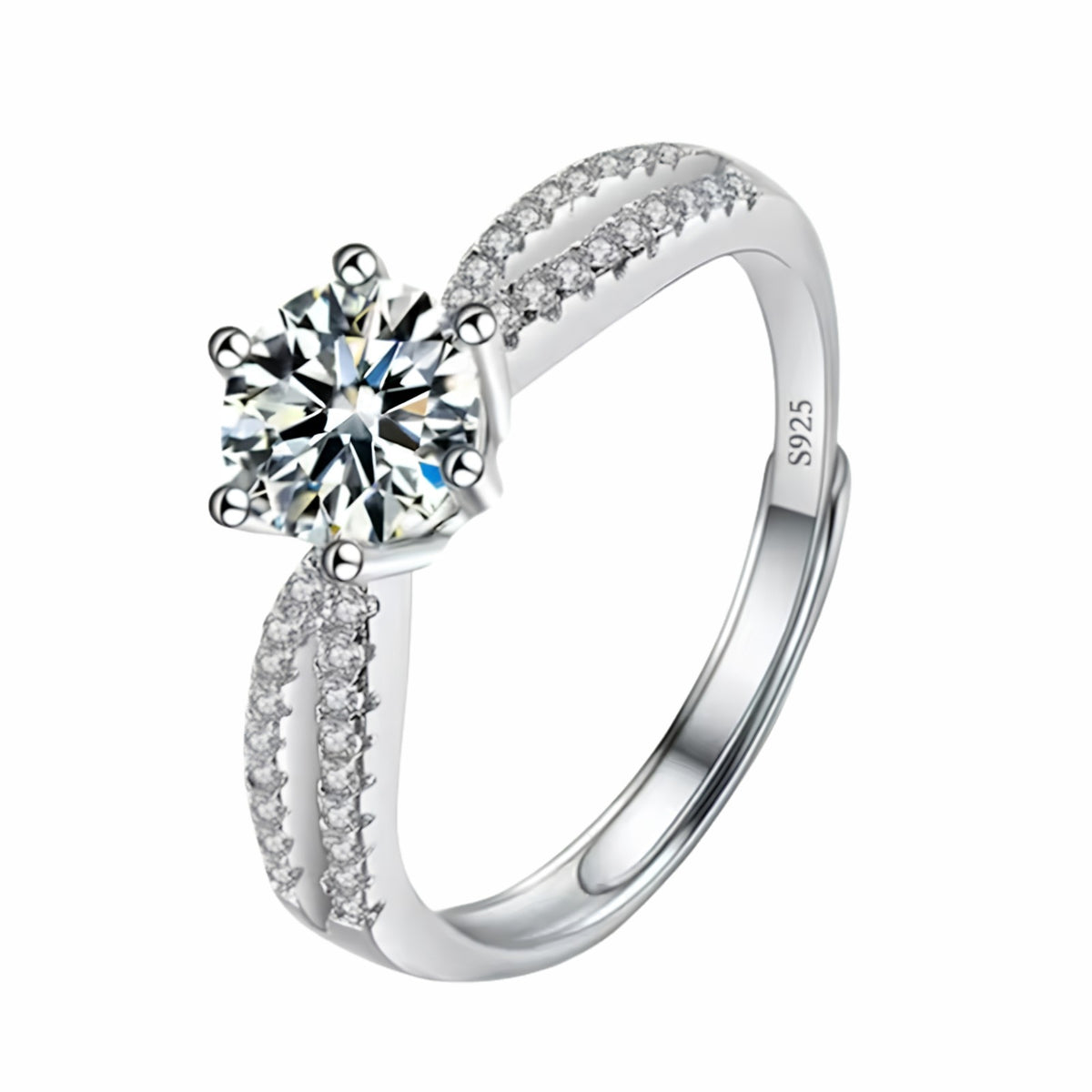 Adjustable Round Brilliant Zircon Engagement Ring, Silver Tone Double Pave  1657