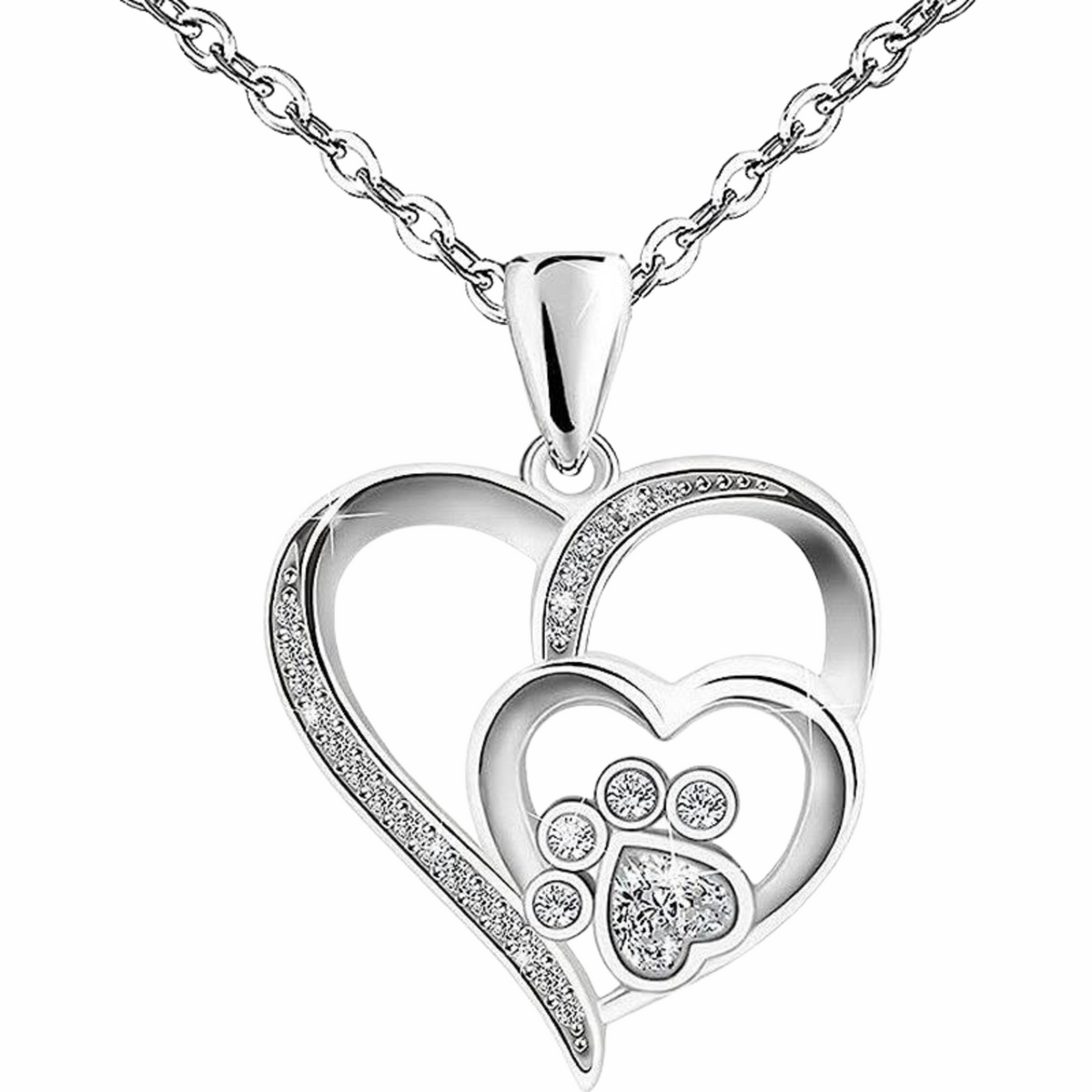 Paw Print Double Heart Pendant Necklace for Women-Sparkling Cubic Zirconia 1306