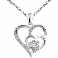 Paw Print Double Heart Pendant Necklace for Women-Sparkling Cubic Zirconia 1306