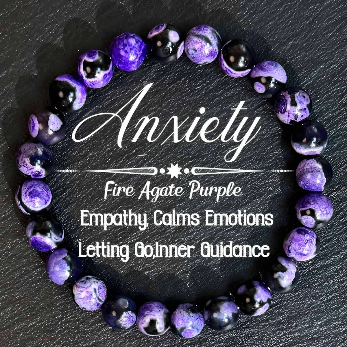 Anxiety Beaded Bracelet — Fire Agate Purple Polished Beads, Empathy Calms 1407