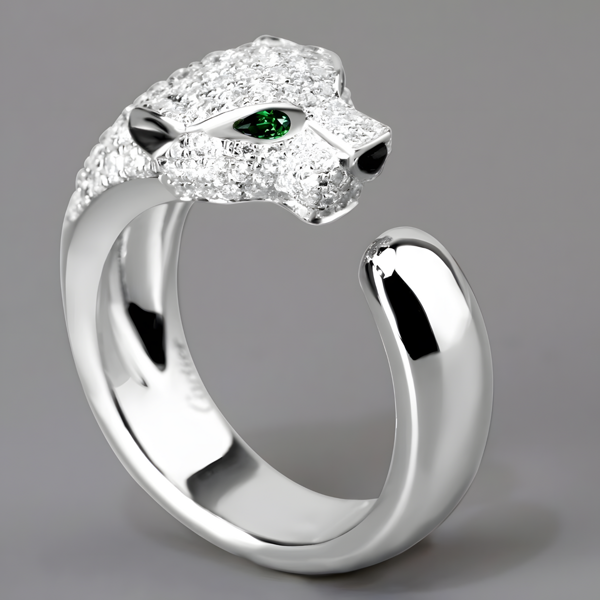 Leopard Head Open Adjustable Ring For Women Silver Colour Green Eye Animal 1755