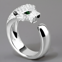 Leopard Head Open Adjustable Ring For Women Silver Colour Green Eye Animal 1755
