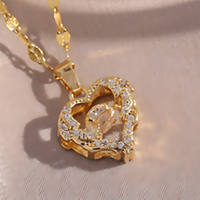Gold Tone Stainless Steel Heart Pendant Necklace Women Sparkling Clear Stone B49