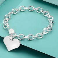 925 Sterling Silver Heart Charm Bracelet-Dangling Love Charm Secure Lobster 1804