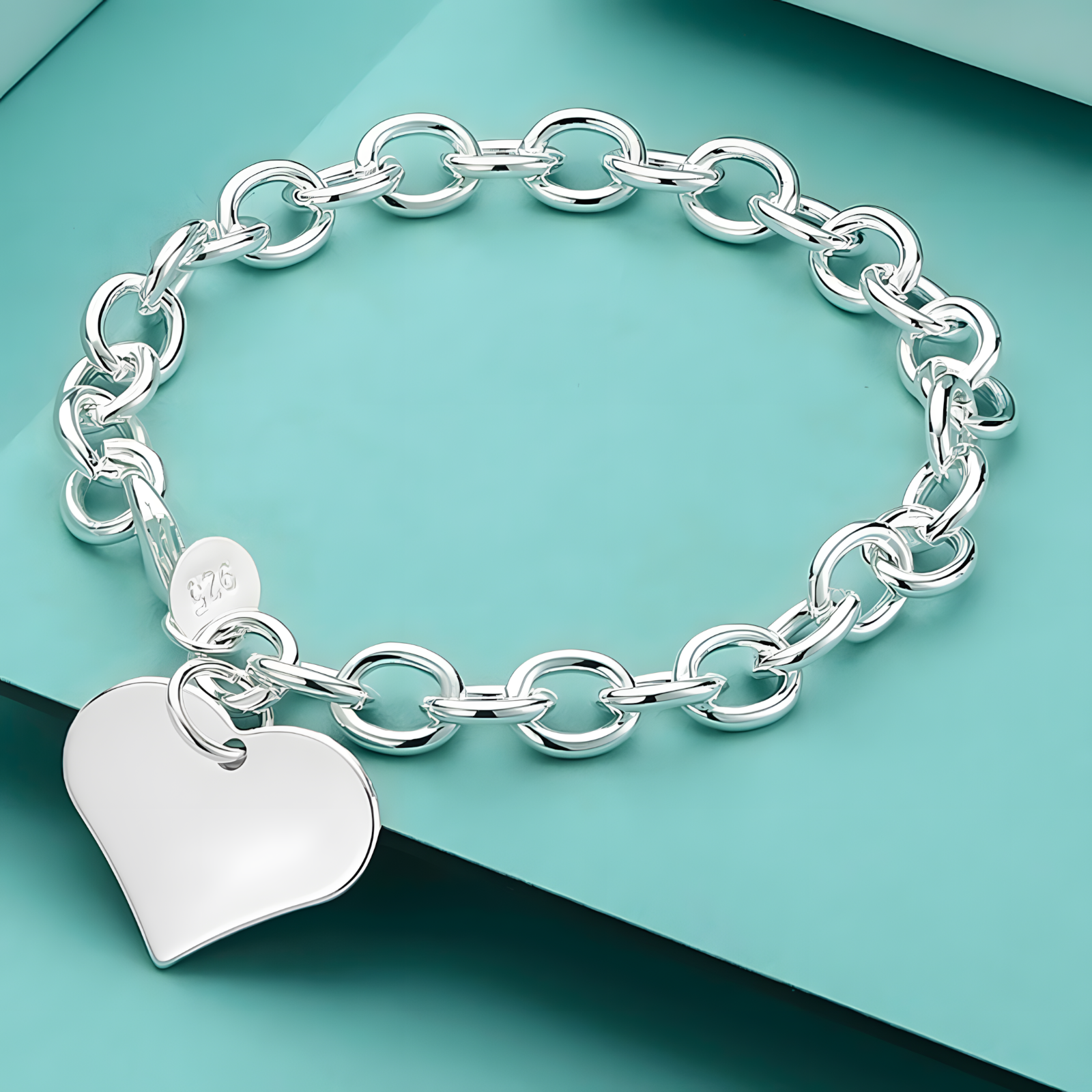 925 Sterling Silver Heart Charm Bracelet-Dangling Love Charm Secure Lobster 1804