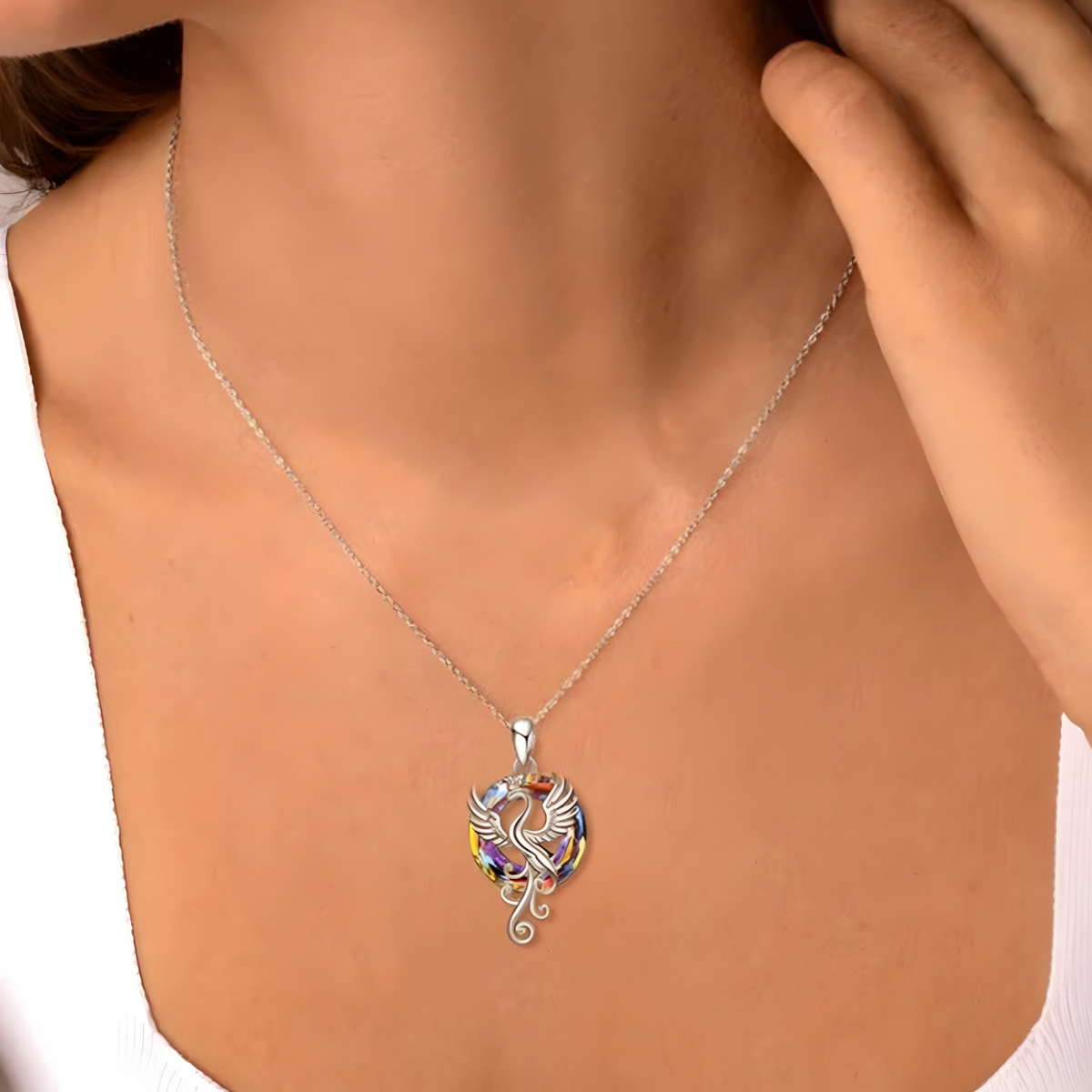 Stainless Steel Phoenix Pendant Necklace Women, Multicolor Crystal Circle 1256