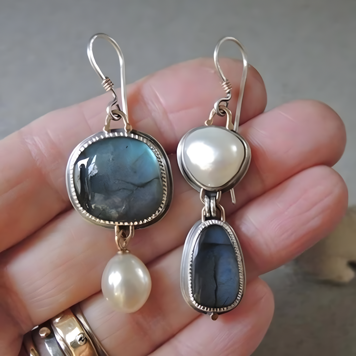 Women's Blue Dangle Earrings with Irregular Labradorite Cultured Freshwater B111