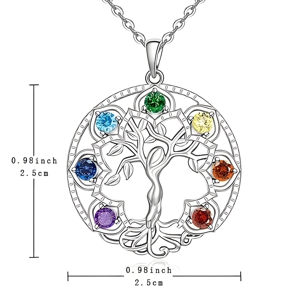 7 Chakra Tree of Life Pendant, Silver Plated Yoga Healing Stone Necklace B152