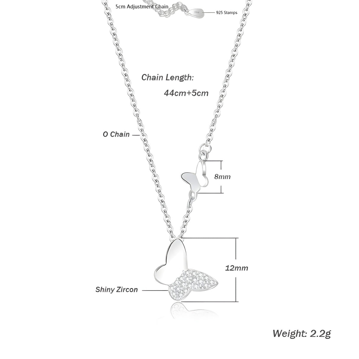 925 Sterling Silver Butterfly Pendant Necklace for Women, Adjustable Chain 278