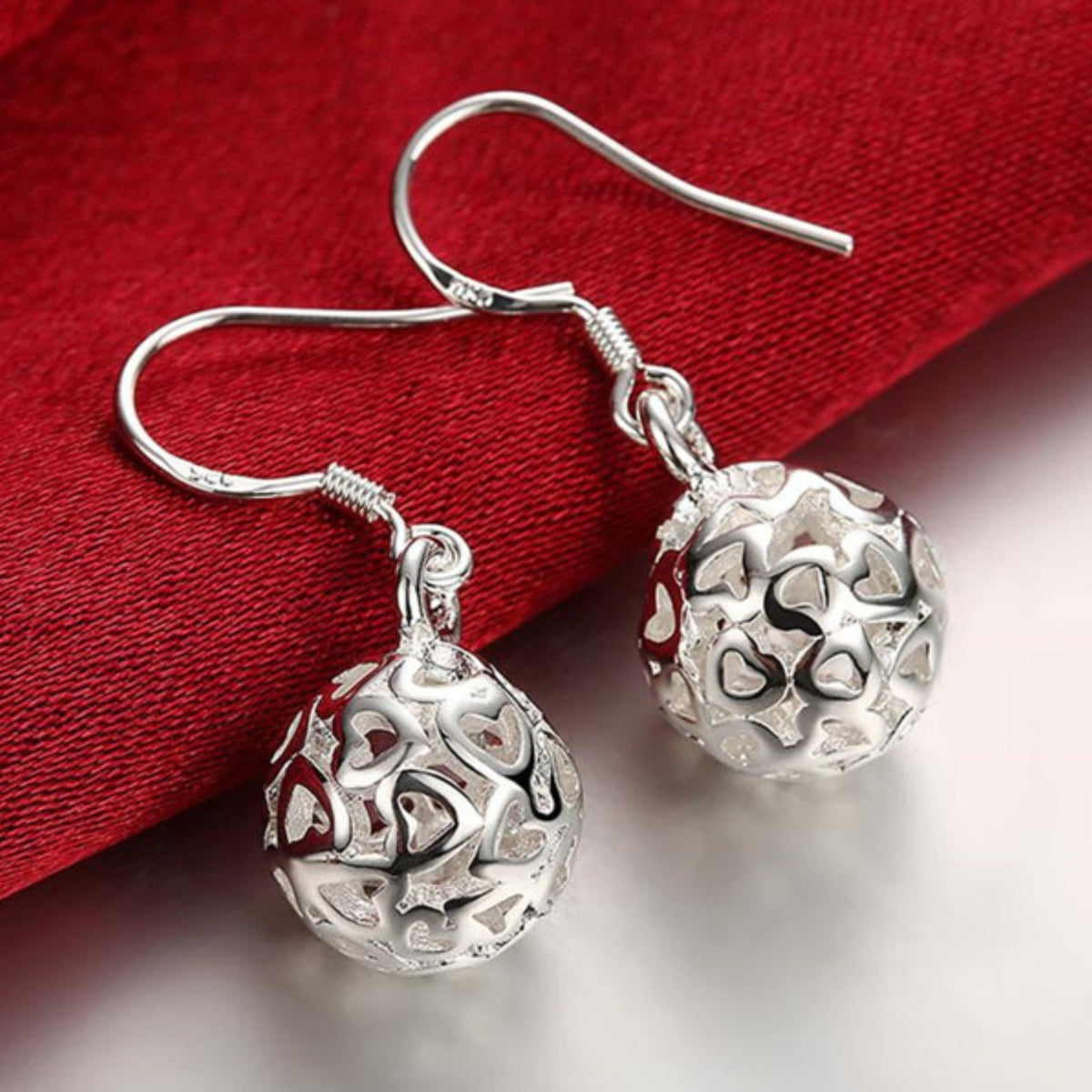 925 Sterling Silver Textured Ball Drop Earrings - Hollowed Out Sphere Dangle 357