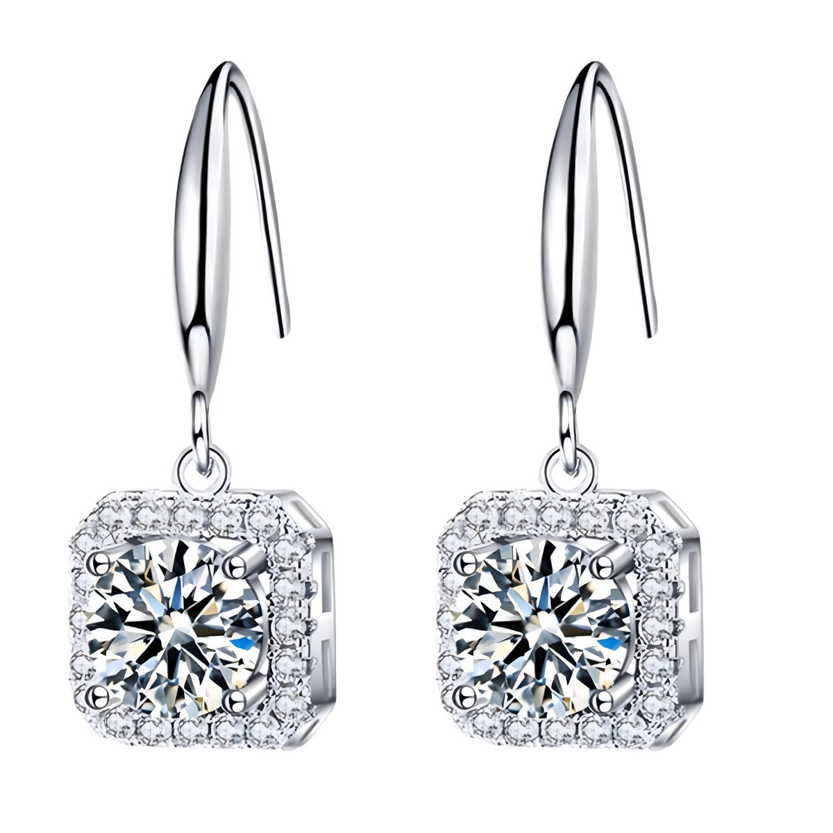 925 Sterling Silver Cubic Zirconia Halo Drop Earrings Square CZ Dangle 349
