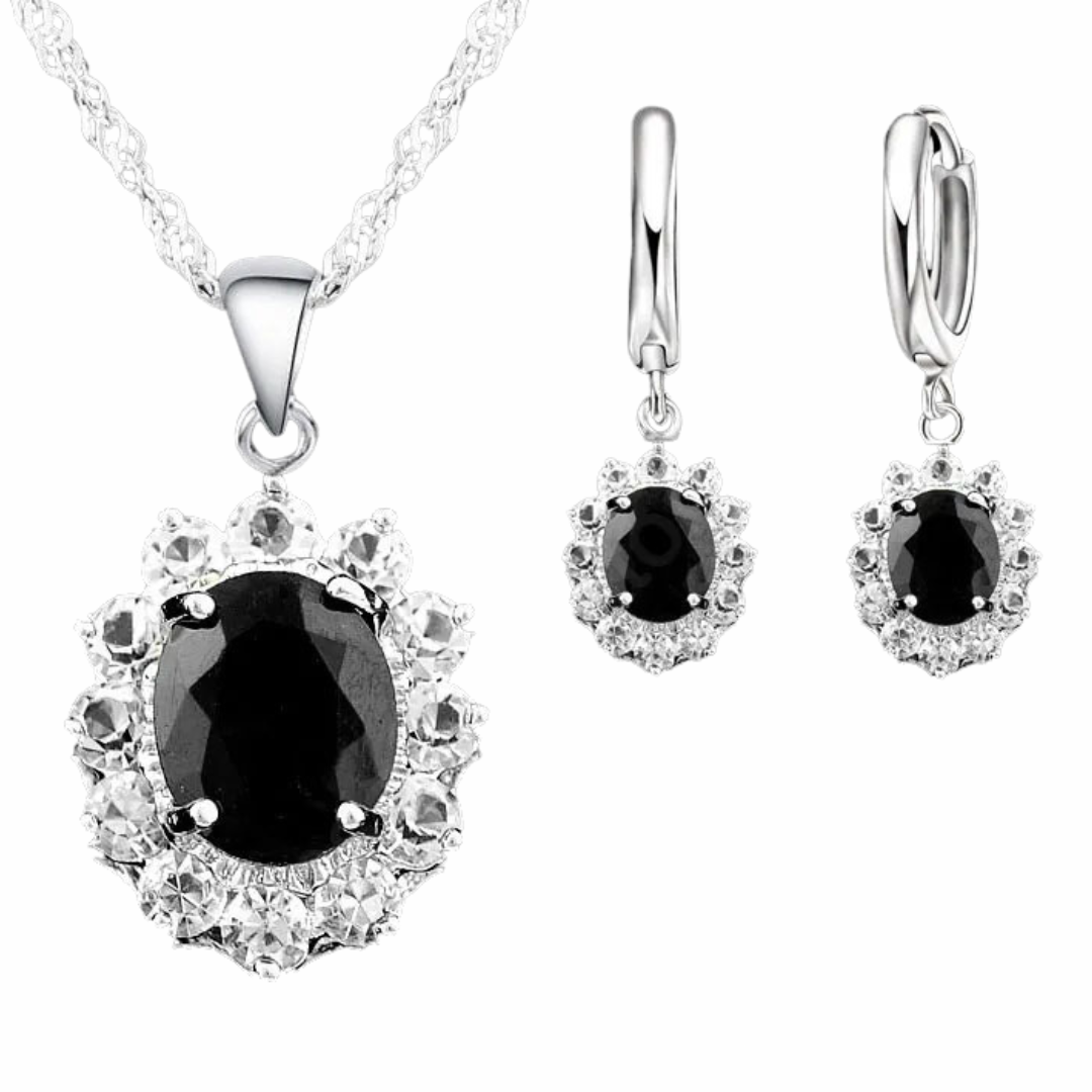 CZ Oval Pendant Necklace and Matching CZ Drop Earrings Set – Silver-Plated 1424