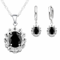 CZ Oval Pendant Necklace and Matching CZ Drop Earrings Set – Silver-Plated 1424