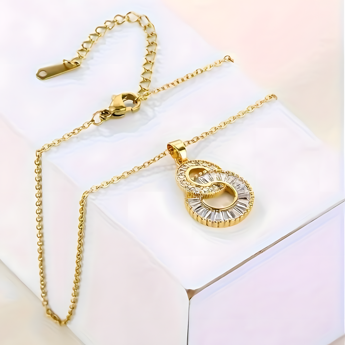 Gold-Tone Crystal Pendant Necklace Women – Round Double Circle Design, Stain 802