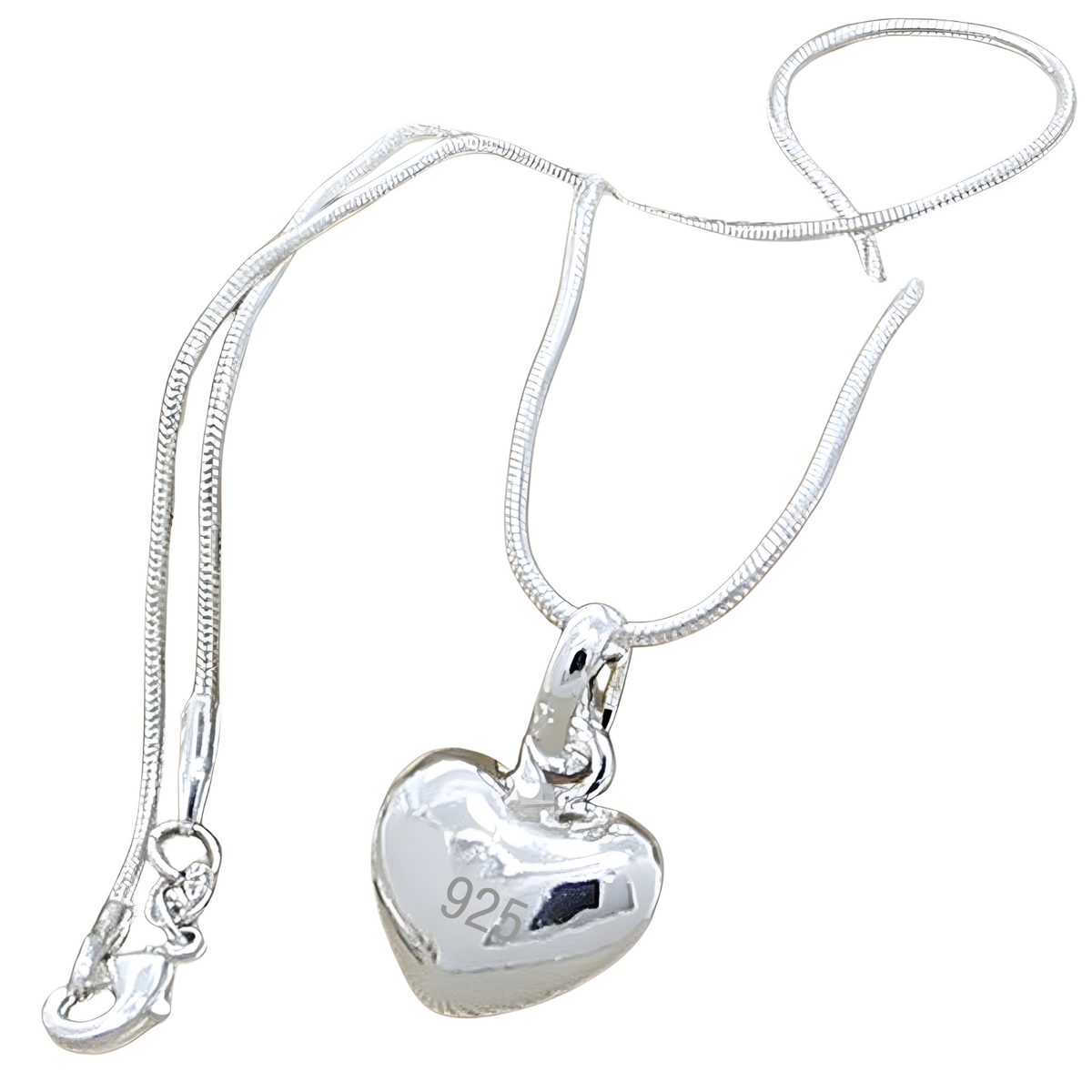 925 Silver-Plated Alloy Heart Pendant Necklace Women Polished Puff Heart 859