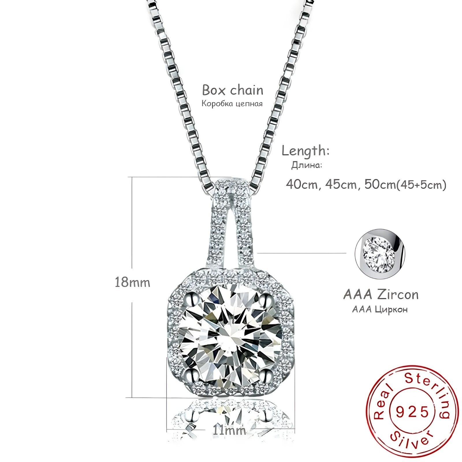 925 Sterling Silver AAA Zircon Square Pendant Necklaces Exquisite Crystal 264