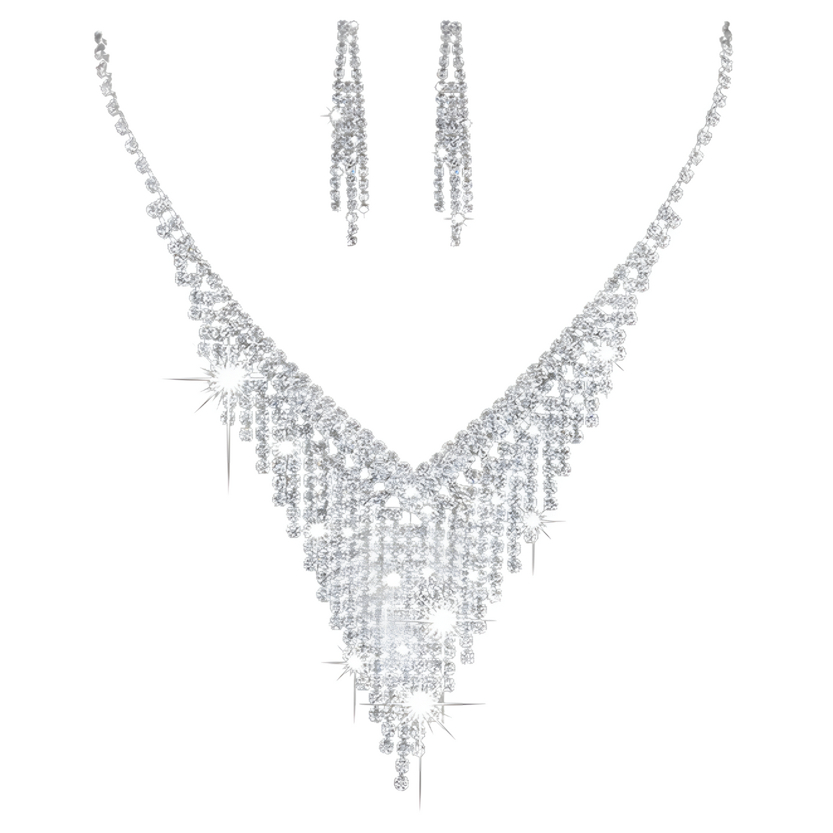 Bridal Crystal Rhinestone V-Shape Necklace & Dangle Earrings Jewelry Set 435