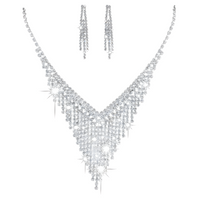 Bridal Crystal Rhinestone V-Shape Necklace & Dangle Earrings Jewelry Set 435