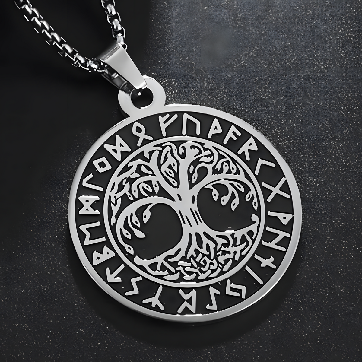 Viking Tree of Life Pendant Necklace for Men-Stainless Steel Nordic Circle- 1066
