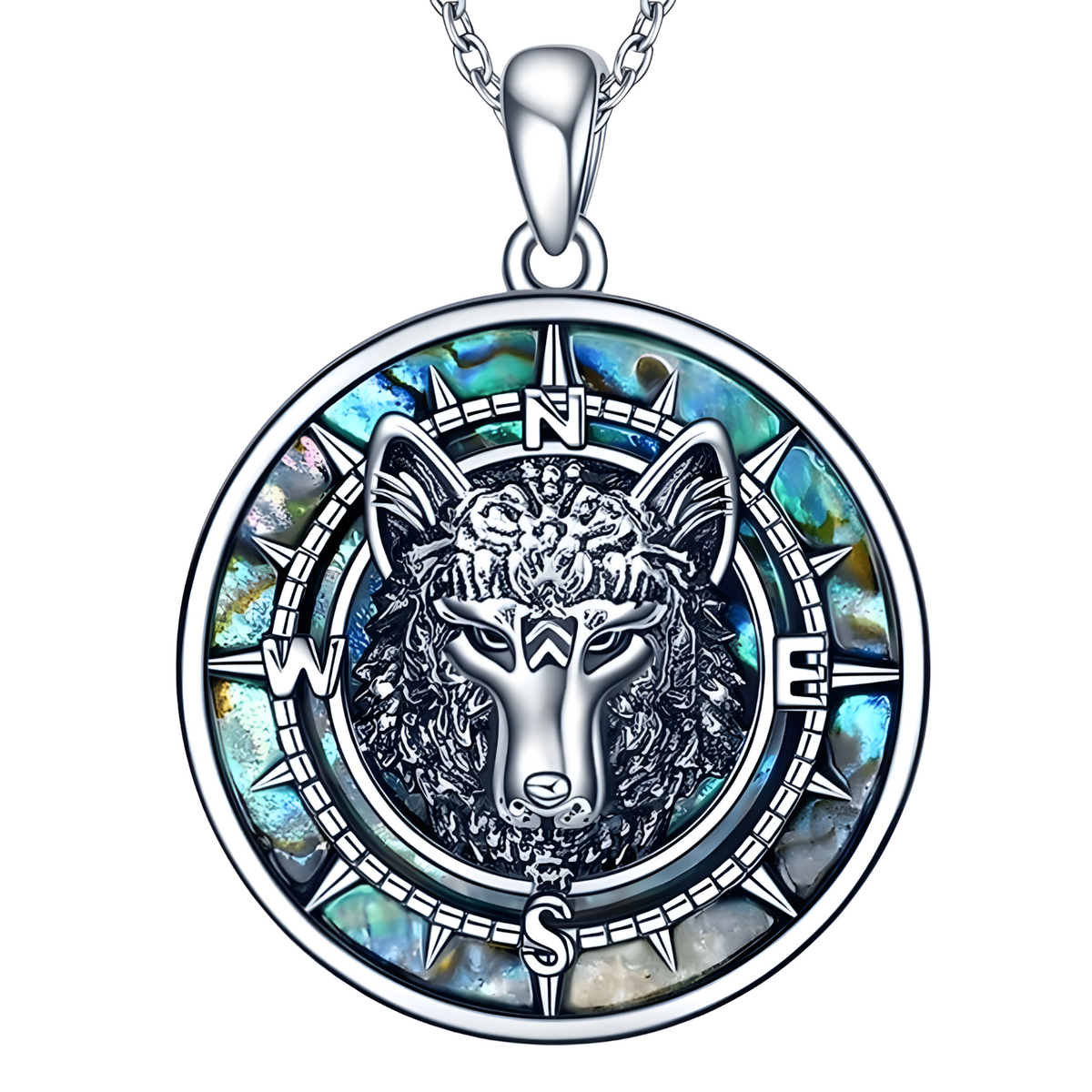 Wolf Head Pendant Necklace, Unisex Stainless Steel Animal Jewelry Abalone B162