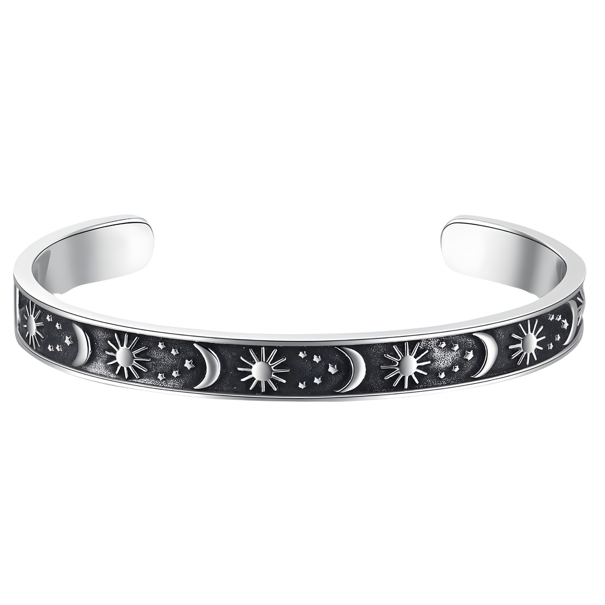 Stainless Steel Cuff Bracelet | Titanium Plated Silver Tone Bangle Moon Sun 614