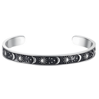 Stainless Steel Cuff Bracelet | Titanium Plated Silver Tone Bangle Moon Sun 614