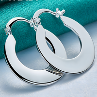 Silver Plated Alloy Flat Round Hoop Earrings for Women, Hinged Snap Closure 1419