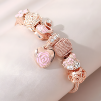 Rose Gold Tone Heart Flower Charm Bracelet Adjustable 19.5-22cm Trendy 1735
