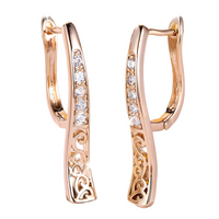 Charming Female Rose Gold Hoop Dangle Earring White Zircon Pavé Stone Carved 639