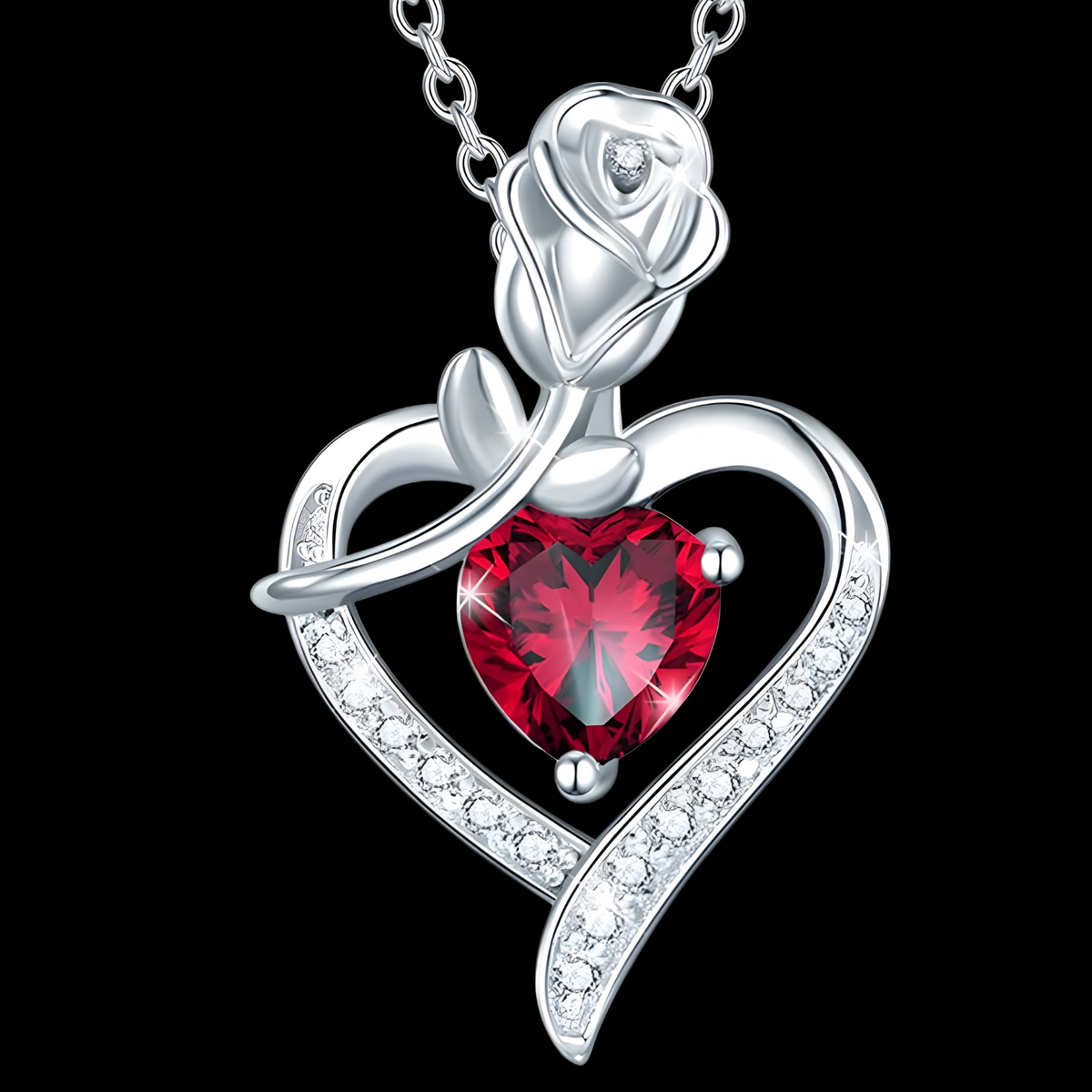 Rose Heart Pendant Necklace for Women –Copper Alloy Heart Necklace with Red 1155