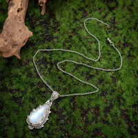 Retro Moonstone Pendant Necklace for Women | Ethnic Style Teardrop Synthetic 561