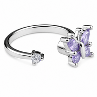 Butterfly Spinner Ring Silver Tone Adjustable Open Ring with Purple Crystal 1589