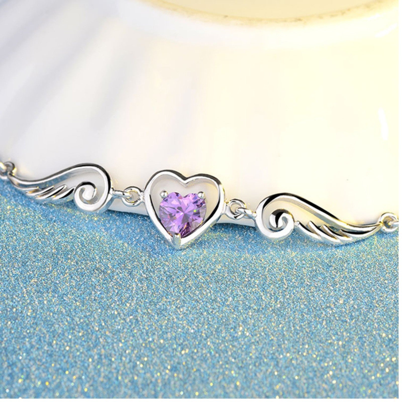 Unified Jewellery Sterling Silver Angel Wing Heart Necklace, Purple Crystal 329