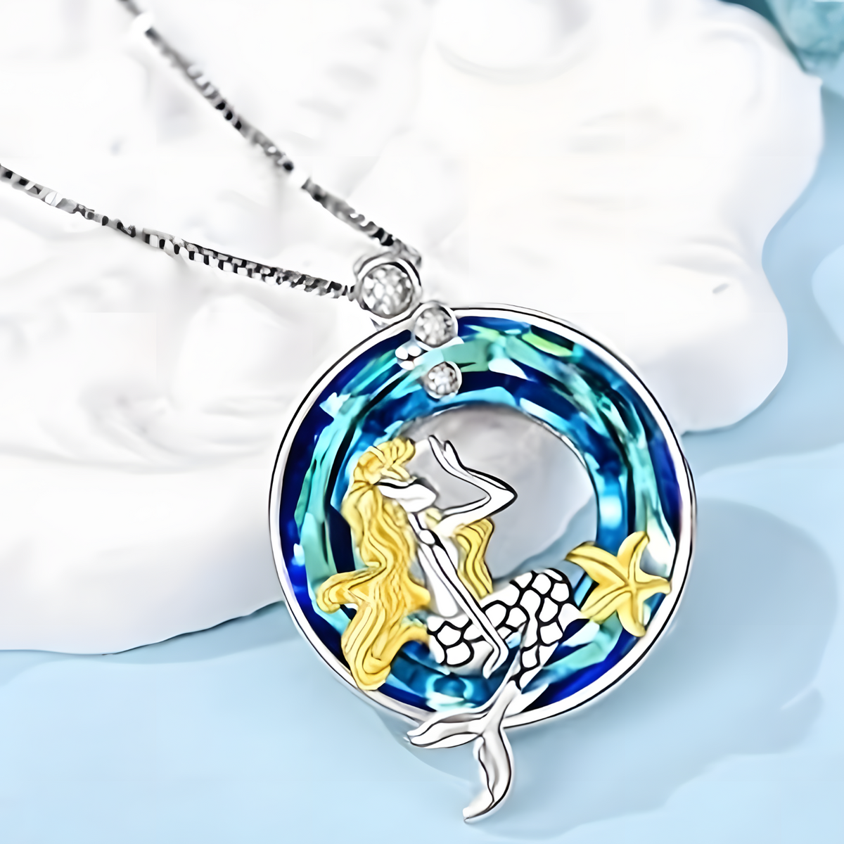 Enchanting Mermaid Blue Crystal Sterling Silver Necklace Perfect Ocean Lover B74
