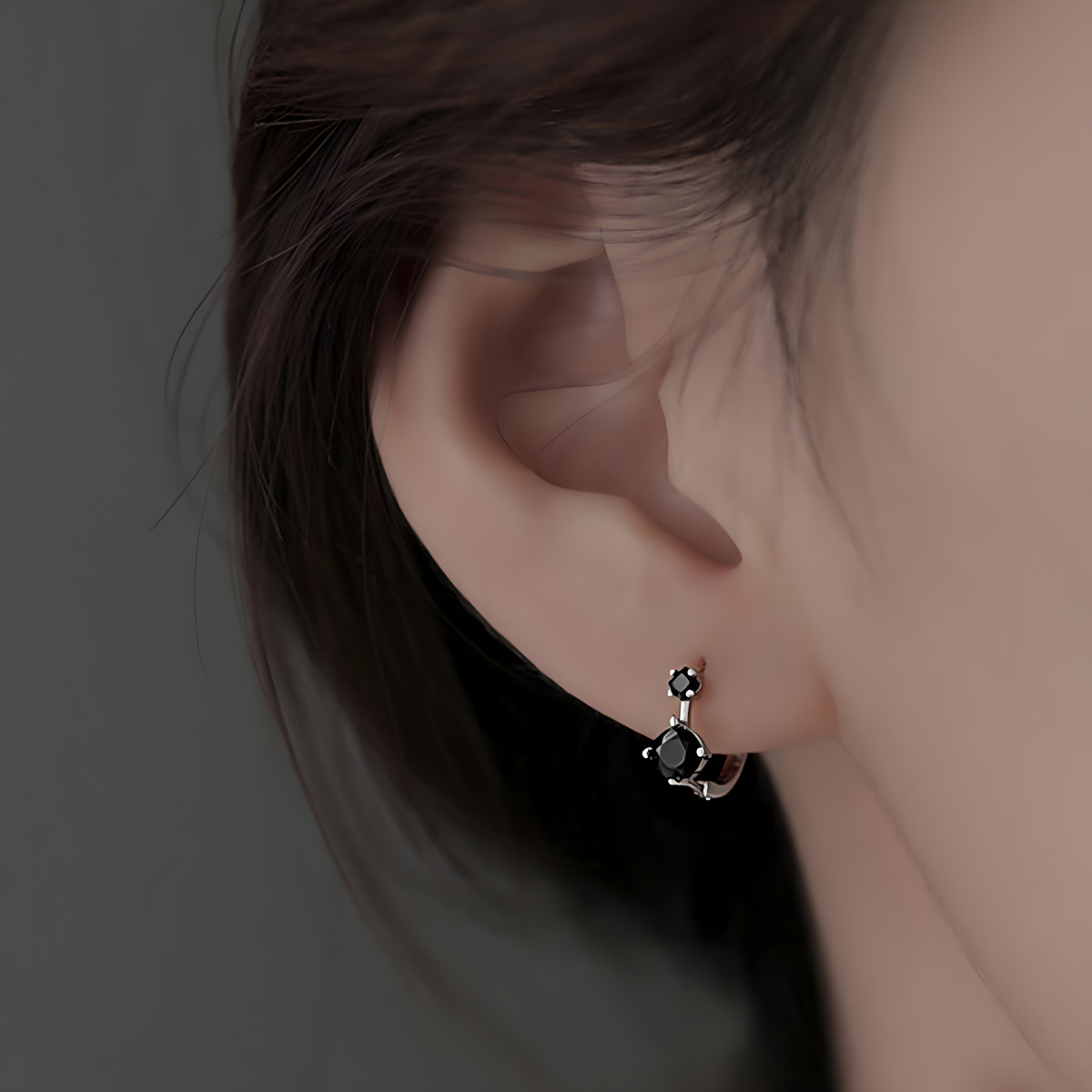 925 Silver-Plated Black Zircon Hoop Earrings for Women Geometric Dual Stone 921